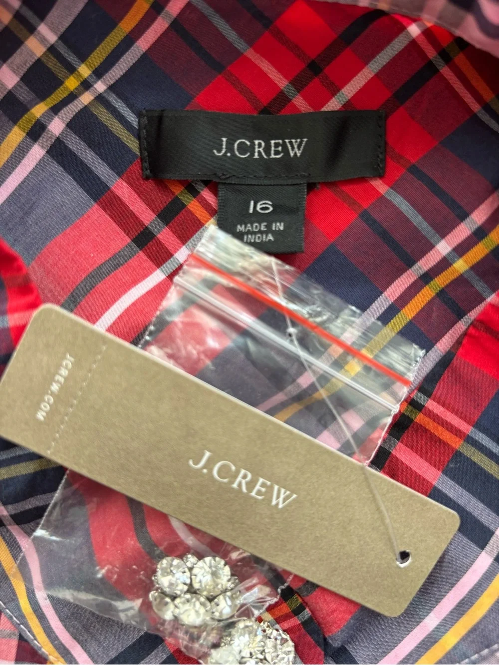 J.Crew Pink Stewart Tartan Band-Collar Popover Blouse NWT Jeweled Buttons 16